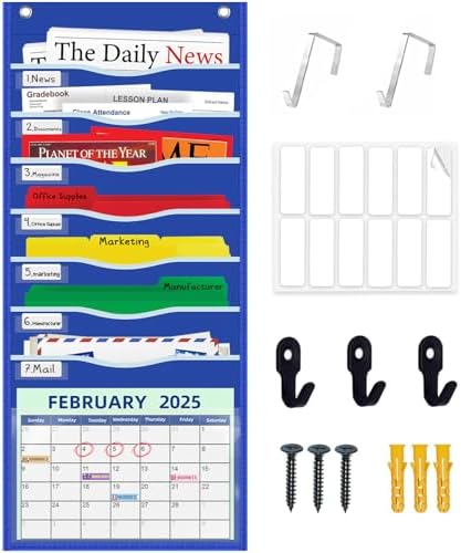 ALSLEA 15" Extra Wide Hanging File Organizer with 8 Pockets - Heavy Duty Classroom Pocket Chart, Wall Mounted Document Organizer with Writable Clear Pocket, 5 Wall/ Door Hooks & 12 Labels (Blue)