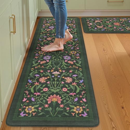 Collive Green Anti Fatigue Kitchen Mats, Washable Kitchen Rugs Sets of 2