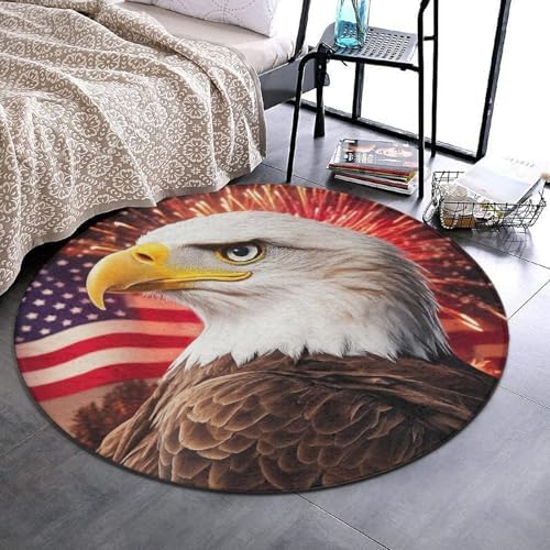 Large Round Area Rug Home Decor Modern Bathroom Rug Kitchen Office Circle Rug for Living Room Sofa Circle Cute Mat Bald Eagle American Flag Fireworks Art, 36inch
