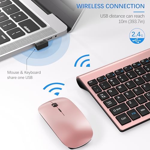Wireless Keyboard and Mouse Ultra Slim Combo, TopMate - Rose Gold Black