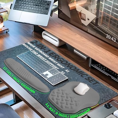 2-in-1 Ergonomic Set, Wave Keyboard Wrist Rest and Massage Slope Mouse Pad Wrist Support, Rebound Memory Foam for Relieve Carpal Tunnel Syndrome and Wrist Pain (Dark Grey)