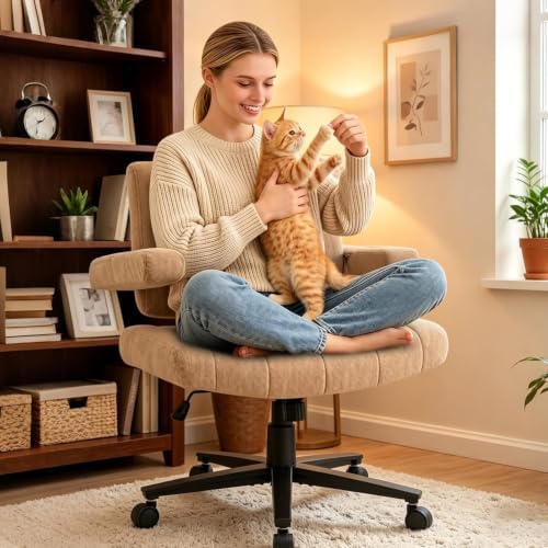 Vigosit Criss Cross Office Chair, Plush Oversized for Cross-Legged Sitting, Adjustable Arms & 360° Swivel Casters - for Home Office, Study, Gaming, Vanity, Comfortable Computer Chair (Brown)