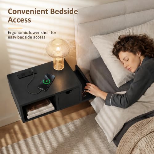 Afuly Black Floating Nightstand, Bedside Table with Charging Station&Drawer