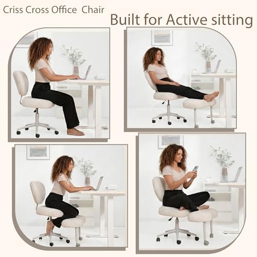 Ergonomic Cross Legged Chair, Meditation Chair Plus with Wheels for ADHD/Fidgety Sitters, Height Adjustable & Lumbar Support, Teddy Fabric, Ivory Home Office Furniture