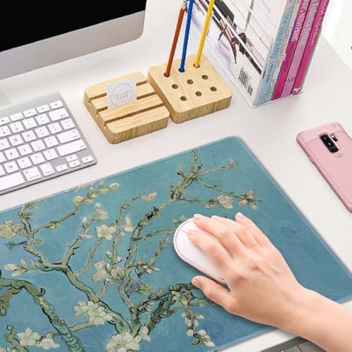 Gaming Mouse Pad, Large Mouse Pads for Desk, Non-Slip Rubber Base Mousepad, Keyboard Mouse Mat Desk Pad with Stitched Edges, 31.5x11.8 inch Vincent Van Gogh Almond Blossom