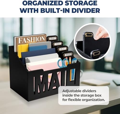 Mail Organizer Countertop, Desktop Mail Sorter with 4 Slots & Labels, Black