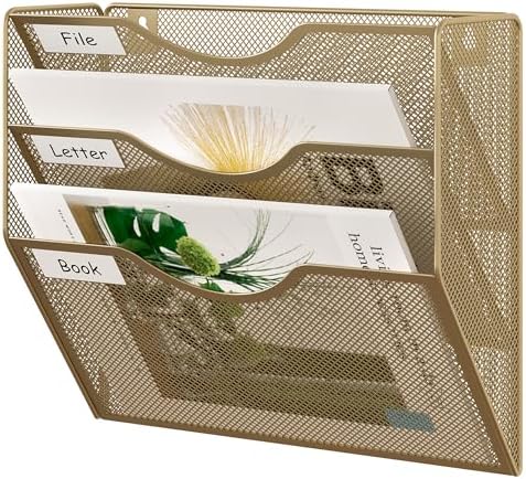 EasyPAG 3 Pocket Mesh Wall File Organizer, Hanging Paper Folder Holder with Classify Label, Vertical Wall Mount Mail Organizer for Office Home Classroom, Gold
