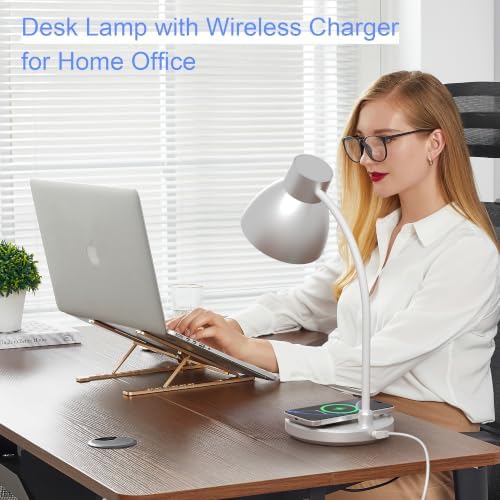 LED Desk Lamp for Home Office with Wireless Charger, Silver