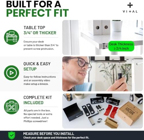 VI+AL Under Desk Laptop Mount - Hidden Metal Shelf with Side Storage, Hook & Cable Organizer - Installs with Tape & Screws - Fits Devices up to 1.7" Thick - Deluxe + LED (USB Light Strip & Remote)