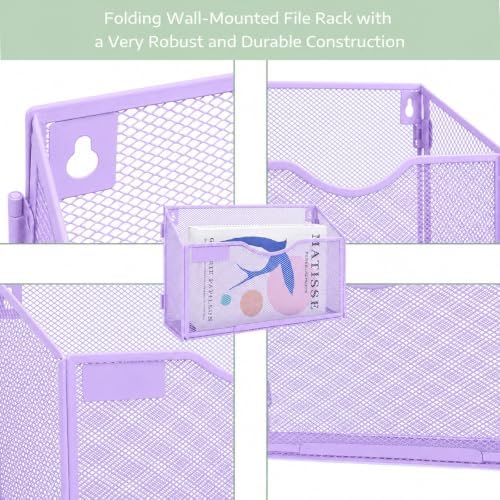 1 Pocket Mesh Wall File Holder Organizer Office Hanging File Folder Magazine Rack, Nametag Label Hooks Set Included (Purple)