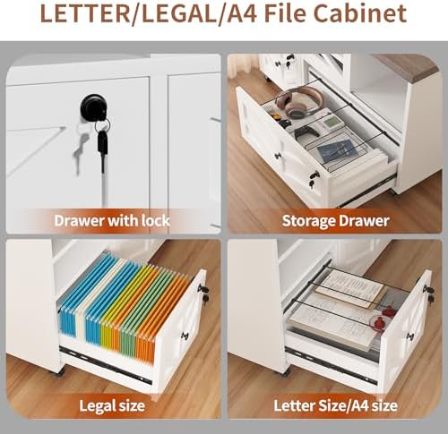 White Lateral File Cabinet with Lock, 2 Drawer Rolling Filing Cabinet for Home Office, Mobile Storage Cabinet with Open Shelves & Sliding Door, Fits Legal/Letter/A4 Files, Herringbone Design