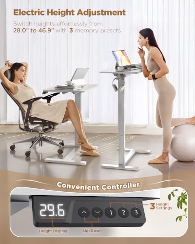 28"x 16" Electric Overbed Table, Rolling Laptop Desk for Bed, White