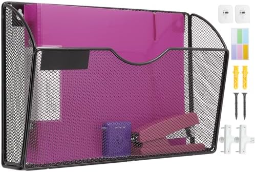 1 Pocket Mesh Wall File Holder Organizer Office Hanging File Folder Magazine Rack, Nametag Label Hooks Set Included (Black)