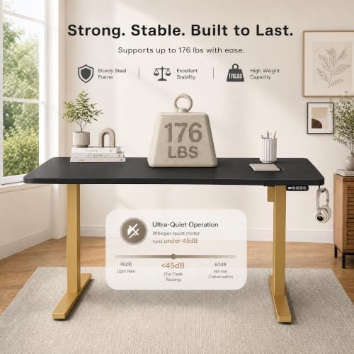 Grandder 55x32 Extra-Deep Electric Standing Desk, Wide Desktop Fits 49" Ultrawide Monitor+Dual Screens, 176 lbs Capacity, 2 Memory Presets, Anti Collision, Computer Desk, Black Top&Gold Frame