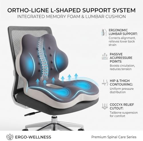 Ergonomic L-Shaped Memory Foam Seat Cushion with Lumbar Support, One-Piece Office Chair Cushion for Tailbone, Hip & Lower Back Pain Relief, Car Seat, Truck, Wheelchair & Home, Gray