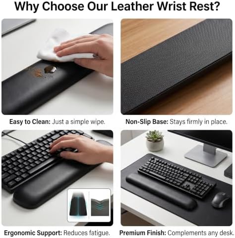 Leather Keyboard Wrist Rest with Gel Support, Black, 17.5 Inches