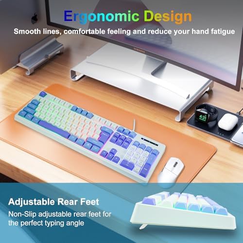 HUO JI Wired Gaming Keyboard with Rainbow LED Backlit, White Blue