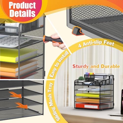 Docnest 5 Tier Mesh Desk Organizer with Letter Tray & Paper Sorter, Black