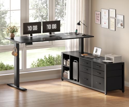 SEDETA L Shaped Electric Standing Desk with 6 Fabric Drawers, 55" x 55" Height Adjustable Office Executive Desk with Storage Shelves, Stand up Computer Desk with Power Outlet (Black)