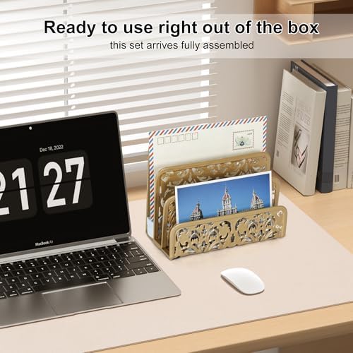 EasyPAG Mail Organizer Countertop 2pc Desk Mail Sorter for Envelope 3-Slot Vertical Letter Holder for Office, Home, School, Gold