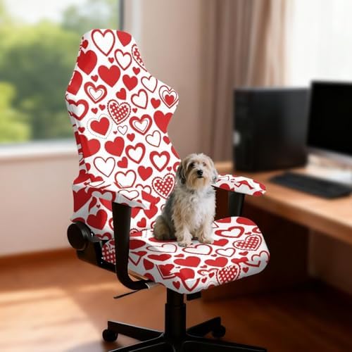 Valentines Day Heart Print Stretch Gaming Chair Cover with Armrest Covers Anti Dust Breathable Gaming Chair Slipcover