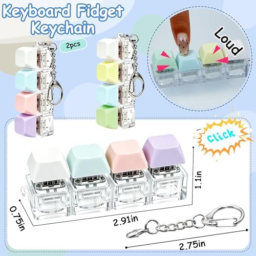 2 PCS Keyboard Fidget Toy, Keyboard Fidget Keychain 4-in-1 Keyboard Decompression Button Finger Clicker Toys, Button Stress Relief Fidget Gifts to Relief Stress (Blue White Pink Purple)