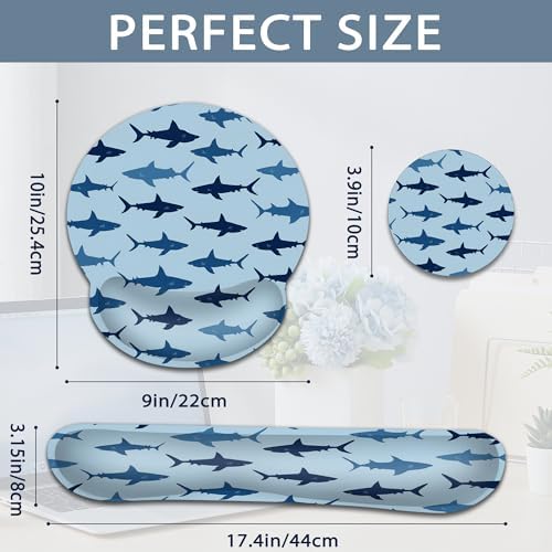 Wrist Rest Mouse Pad and Keyboard Support Set,Cute Shark 3 in 1 Ergonomic Memory Foam Mousepad with Non Slip Base, Gaming Mouse Pad for Office and Home
