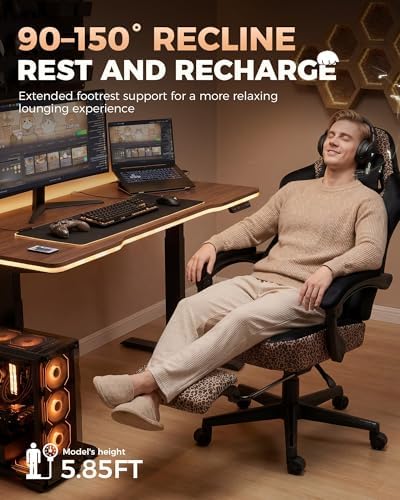 GTPLAYER Gaming Chair with Leopard Print Cat, Cute Velvet Fabric Ergonomic Office Chair with Footrest Headrest and Lumbar Support, Big and Tall Comfortable Video Gamer Chair for Women Gift