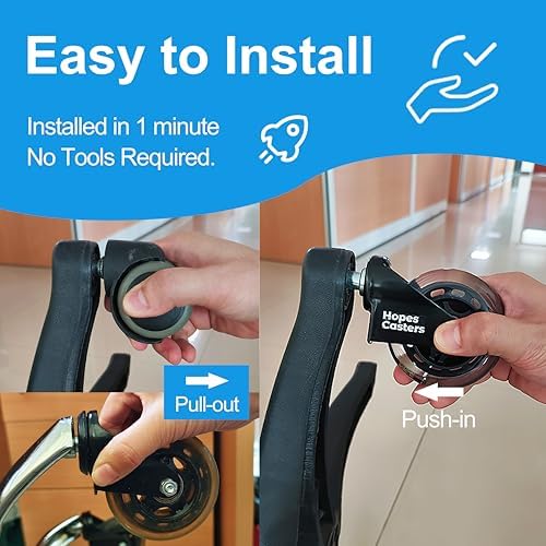 HOPES Office Chair Wheels Replacement Set of 5 – Heavy Duty Rubber Casters, Smooth & Quiet Rolling for Hardwood Floors and Carpet, Universal Stem, No Floor Mat Needed (Black, 3inch-660lbs)