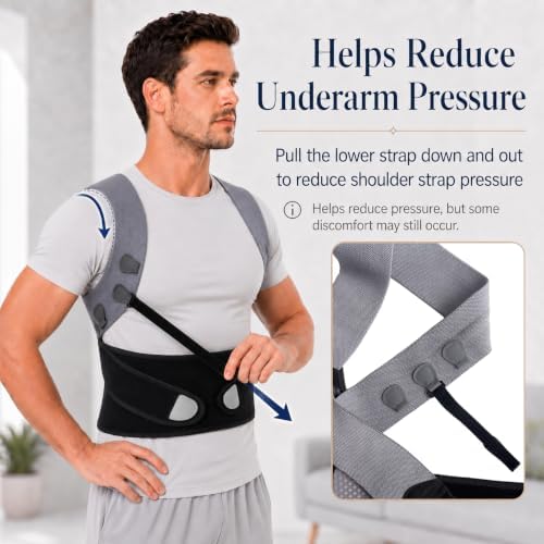 Posture Corrector for Men, Adjustable Upper Back Brace with Breathable Mesh Back, 4 Flexible Support Stays & Underarm Fit Adjustment, Back Straightener Helps Reduce Slouching Strain for Desk Work, Sitting, Reading & Posture Training