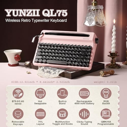 YUNZII QL75 Retro Typewriter Hot Swap RGB Keyboard(Pink, Cocoa V2)