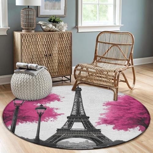Large Home Decor Mat, Soft Round Yoga Carpet, Non Slip Machine Washable Kitchen Office Circle Rug Paris Eiffel Tower