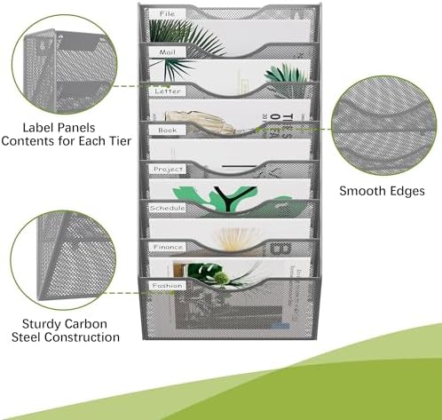 EasyPAG 8 Pocket Mesh Wall File Organizer, Hanging Paper Folder Holder with Classify Label, Vertical Wall Mount Mail Organizer for Office Home Classroom, Silver