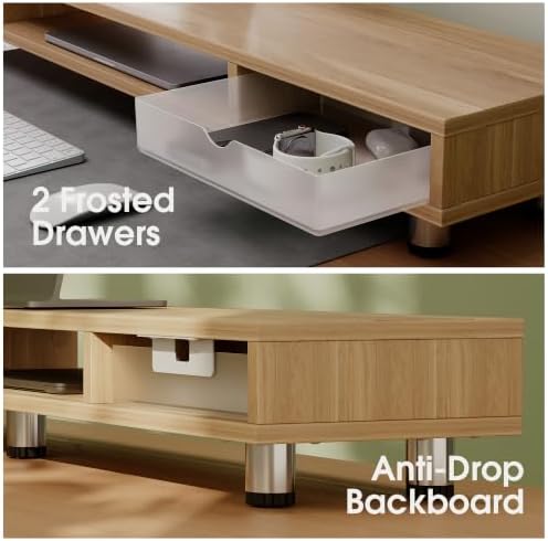 Fenge Dual Monitor Riser with 2 Drawers, 42.5in Long Desk Shelf, Dark Oak