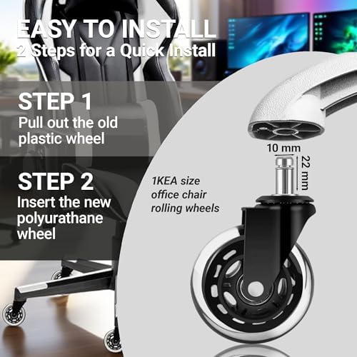 3" Office Chair Caster Wheels with 10mm Stem 1KEA ONLY, Heavy-Duty Rubber Chair Casters Replacement Set of 5, Desk Chair Wheels, Quiet & Smooth Rolling for All Floors (Hardwood, Carpet)