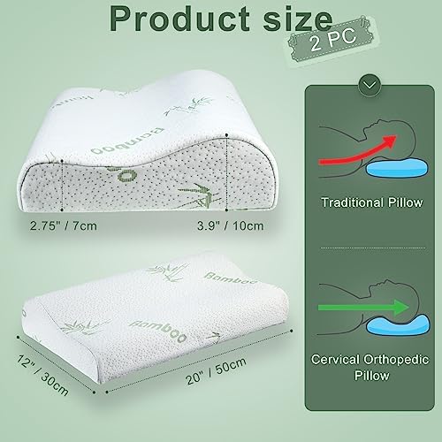FairySandy 2 Pack Memory Foam Pillow Neck Support Orthopedic Sleeping Pillow Ergonomic for Shoulder Pain Side Back Stomach (Bamboo Fiber)