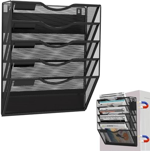 5-Tier Magnetic File Holder, No Drilling Installation File Cabinet Organizer, Black Magnetic File Organizer, Magazine Rack, Magnetic Paper Holder for Refrigerator, File Cabinets, Whiteboard