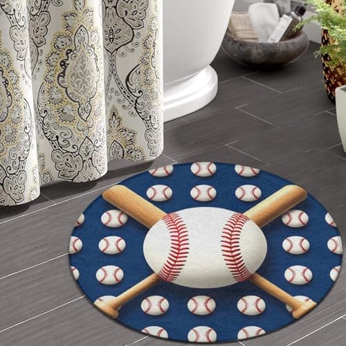 Men's Large Home Decor Mat, Soft Round Yoga Carpet, Non Slip Machine Washable Home Office Circle Rug Baseball
