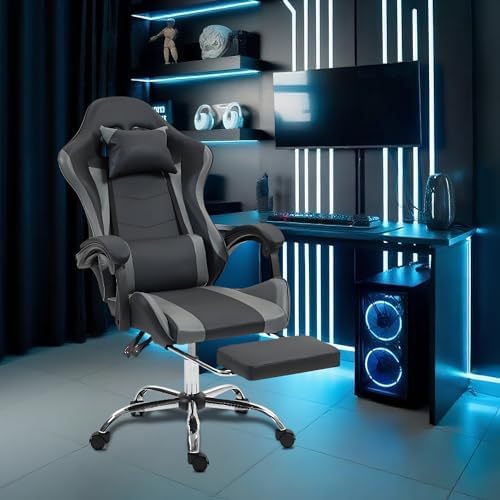 Massage Gaming Chair with Footrest，Ergonomic Video Game Chair for Adults Kids, Adjustable Headrest & Lumbar Support, 90-135° Recline, 360° Swivel, for Gaming Room Home Office Bedroom, Grey