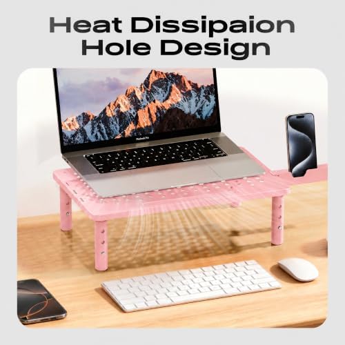 Computer Monitor Stand Riser for Desk, 3 Height Adjustable PC Laptop TV Desktop Monitor Stand Shelf, Metal Printer Table with Phone Holder, Stand Riser for Desk, Office Desk Organizers and Accessories, Pink 1 Pack