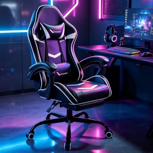 Gaming Chair for Adults with Pocket Spring Cushion Footrest White and Black