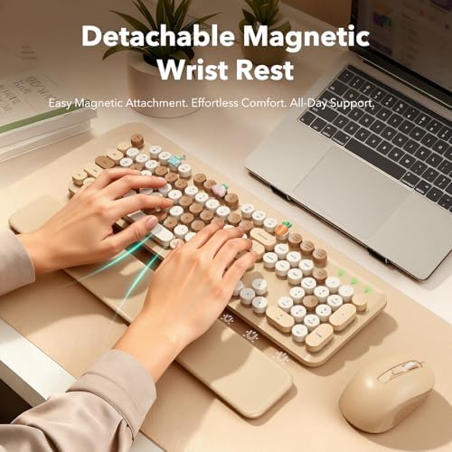 Wireless Keyboard and Mouse, Round Keycap, Magnetic Wrist Rest, Latte Beige