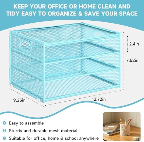 4 Tier Paper Organizer with Handle,Letter Tray Blue Desk Organizer Set