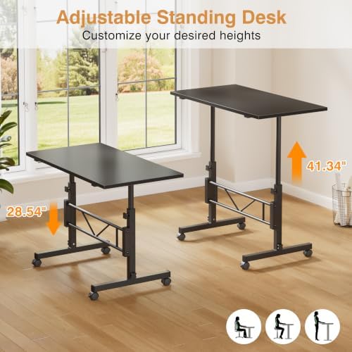 VECELO Small Standing Desk Adjustable Height, Mobile Computer Workstations with Wheels, Portable Rolling Laptop Table for Walking Pad, Home Office, Dark Black