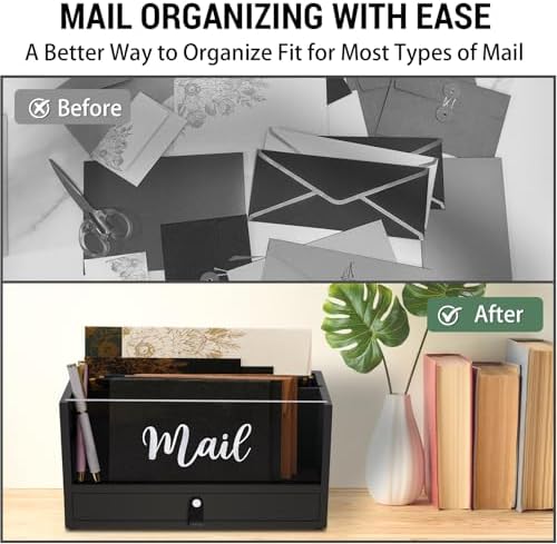 Two-Layer Solid Wooden Mail Storage Organizer Holder with Clear Acrylic Top and Bottom Drawer, Leather Handle, Keeping Mail, Bills, Letters, Cards and Office Supplies in One Place, Home Decor Gifts