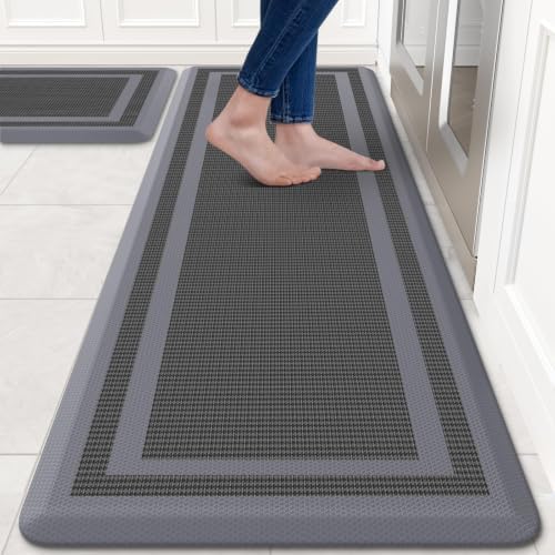 KitchenClouds [2 PCS Kitchen Rugs Cushioned Anti-Fatigue Kitchen Mats for Floor Waterproof Kitchen Rug Set Non-Slip Comfort Standing Mat for Office, Sink, Laundry 17.3"×28"+17.3"×60", Grey
