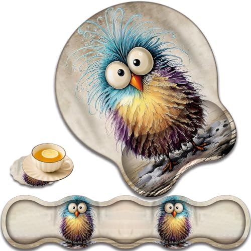 Ergonomic Keyboard Wrist Rest & Mouse Wrist Support Set with Lace Coaster, Gel Memory Foam Anti-Slip Base, Pain Relief for Typing, Colorful Fuzzy Chicken