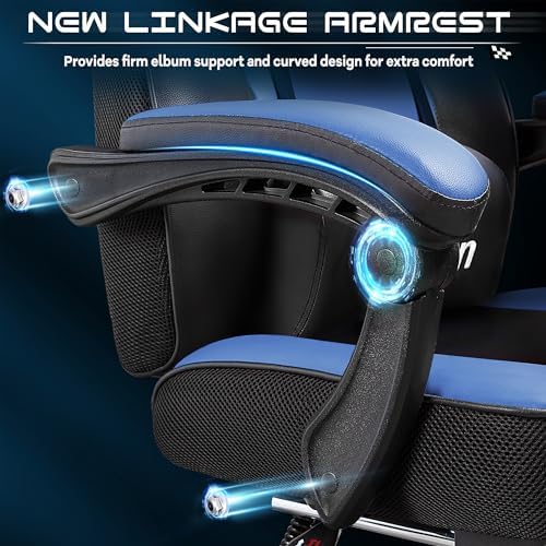 Gaming Chair for Adults, Video Game Chair with Footrest, Big and Tall Gaming Chair Heavy Duty Computer Chair with Massage Lumbar, Ergonomic Adjustable Height and 360° Swivel Seat, PU Leather, Blue