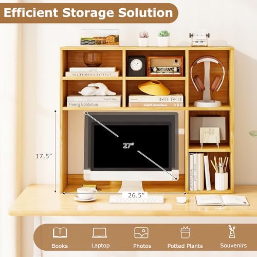 Tangkula Desktop Bookshelf, 37" Countertop Storage Hutch with 7 Cubes & 3 Adjustable Shelves, 3-Tier Desk Display Rack Organizer, Multipurpose Wood Desktop Hutch for Dorm Home Office (Burlywood)