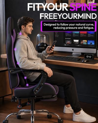 Dowinx Ergonomic Gaming Chair with Footrest & Massage Lumbar, 2D-Linkage Armrests for Computer Chair 330lbs with Headrest Pillow for Office, Home, Streaming and Long Gaming Sessions, Fabric Purple
